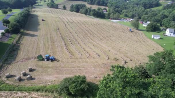 北カロライナ州ワタウガ郡Ncで夏に収穫された干し草の野の広い空中ショット — ストック動画