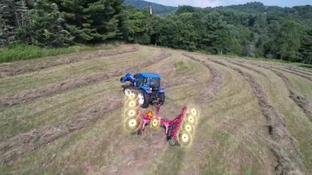 Farma Zařízení Seno Raker Tažen Traktorem — Stock video