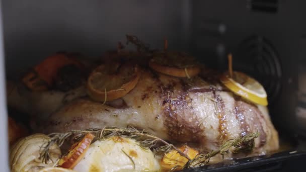 用香草和柠檬在烤箱里烤的烤鸭 — 图库视频影像