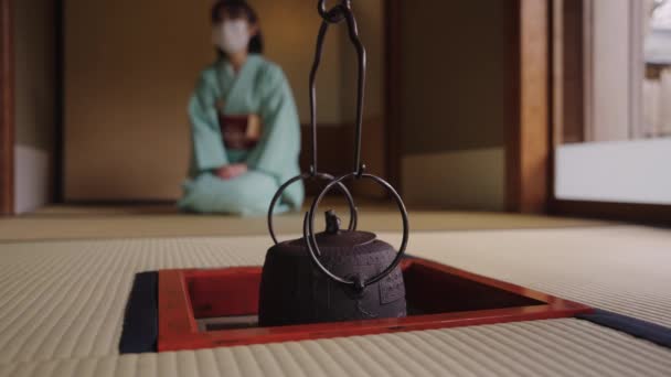 Japanese Tea Ceremony Close Boiling Pot Blurred Background — Stock Video