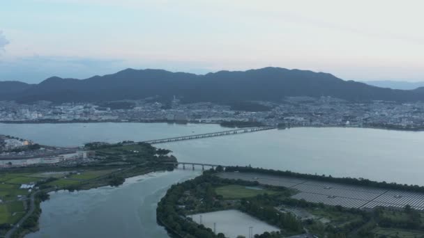 Veduta Aerea Della Prefettura Biwako Shiga Tramonto Nel Giappone Rurale — Video Stock