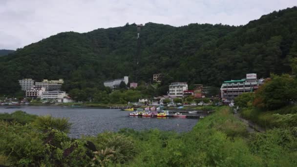 Озеро Кавагуті Повільний Пан Створення Готелю Фудзі Ять Озер Японія — стокове відео