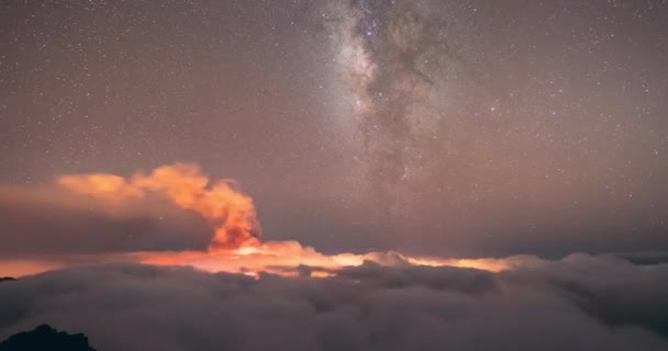Night Time Lapse Milky Way Sea Clouds Palma Island Volcano — Stock Video