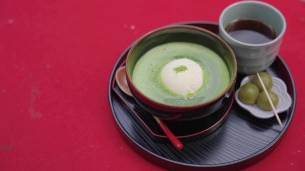 Green Tea Matcha Float Green Dango Uji Close Pan Shot — Stok Video