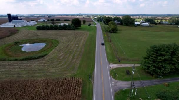 Воздушный Автомобиль Дороге Проезжая Фермерским Угодьям Кентуки — стоковое видео