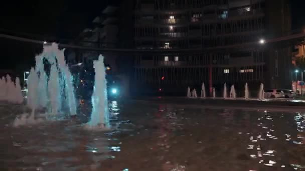 Blue Tram Passes Small Fountain Heading Shopping Mall Night Montpellier — Stock Video