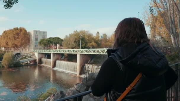 朝に川と橋を見ている少女 モンペリエ フランス — ストック動画