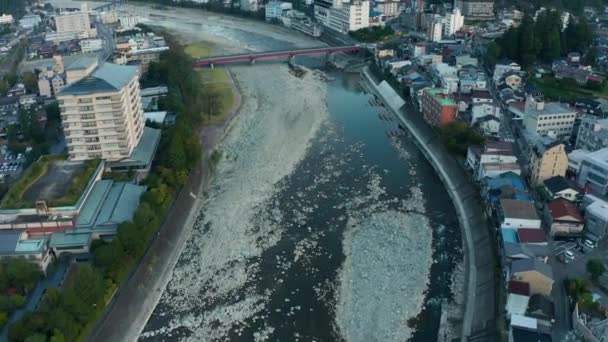 Gero Onsen Gifu Japón Temprano Mañana Aérea Establecimiento Tiro — Vídeos de Stock