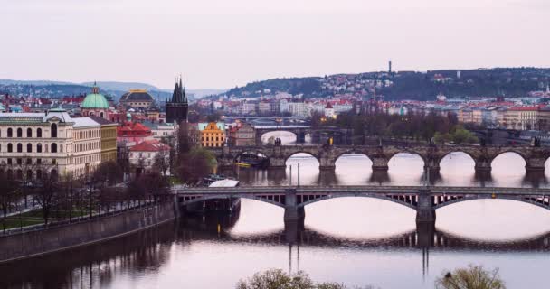 Day Night Prague Timelapse Famous Bridges Starting Street Lamps Turning — Stock Video
