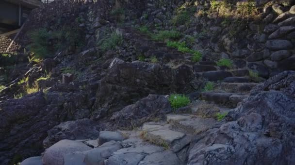 Antigua Escalera Piedra Largo Del Río Yoshida Gujo Hachiman Japón — Vídeo de stock