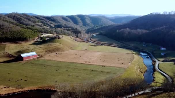 Bela Aérea Alta Sobre Vale Montanha Com Celeiro Vermelho Gado — Vídeo de Stock