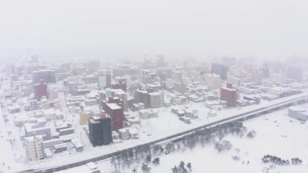 Sneeuwstorm Boven Noord Japan Stad Aomori Luchtfoto Panoramisch Uitzicht — Stockvideo