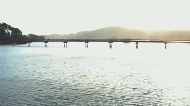 Solnedgång Över Fukuurajima Bron Matsushima Bay Miyagi Japan — Stockvideo