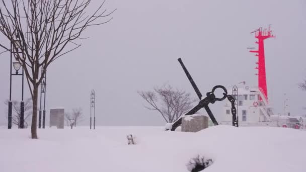 Port Aomori Couvert Neige Après Violent Blizzard Japon — Video