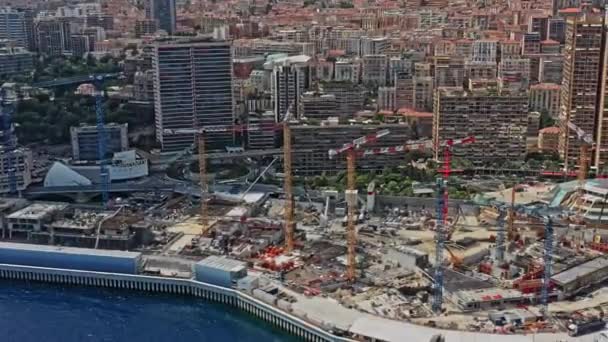 Monako Aerial V19 Pohled Ptačí Perspektivy Zachycující Staveniště Projektu Rozšíření — Stock video