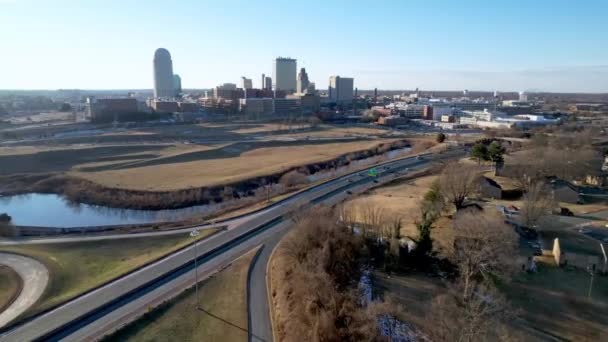 Winston Salem North Carolina Zoom Skyline Traffic Foreground Aerial — Stock Video
