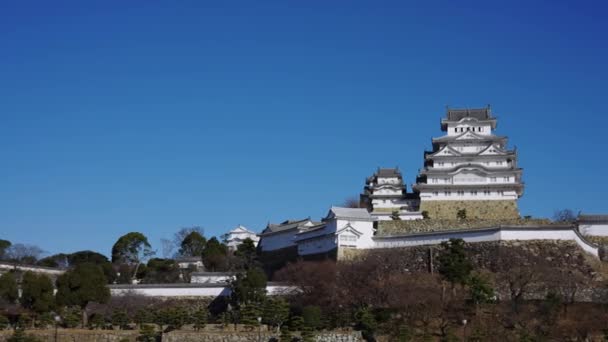 Замок Хімеджі Ясним Синім Фоном Неба Панорама Встановлена Пострілом Японія — стокове відео