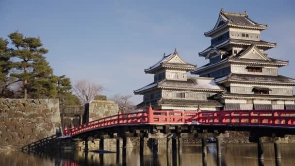 Matsumoto Hrad Zimě Sníh Střeše Jako Západ Slunce Nad Příkopem — Stock video