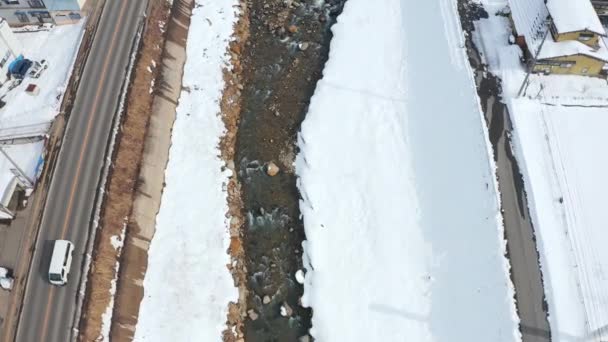 Onsen Localidad Yamanouchi Japón Drone View Volando Sobre Paisaje Nevado — Vídeo de stock