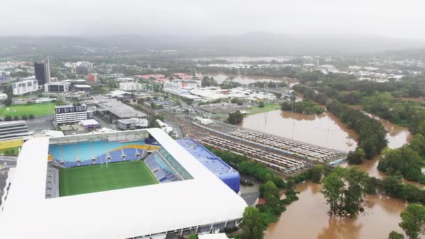 Vista Aérea Estádio Cbus Chegando Perto Água Inundada Durante Inundações — Vídeo de Stock