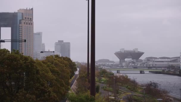 Rainy Day Odaiba Tokyo Pan Establishing Shot Right — Stock Video