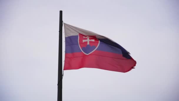 Slovakia Flag Wind Waving Flagpole Close View Real Textile Symbol — Stock Video