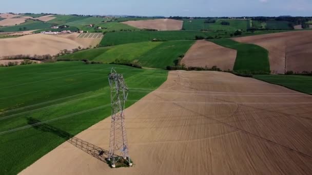 Сельский Пейзаж Высоковольтными Проводами Пилонами Центре Обрабатываемых Полей Орбитальный Выстрел — стоковое видео
