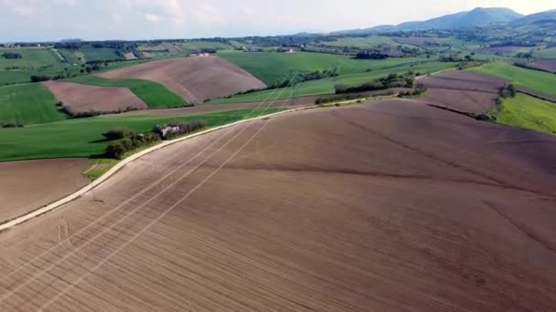 高压电线和塔在阳光普照的乡间田野上的鸟瞰 — 图库视频影像