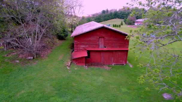 Aerial Push Tree Branch Red Barn Farm Boone Blowing Rock — ストック動画