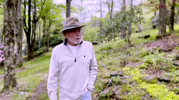 Vecchio Gentiluomo Passeggia Attraverso Sentieri Boscosi Giardino — Video Stock