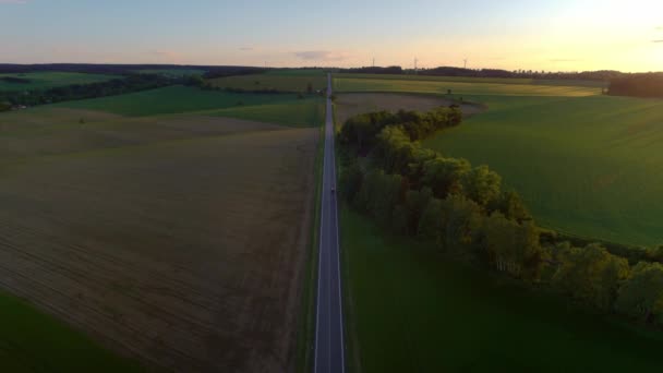 Aerial Drone Birds Eye View European Countryside Road Sunset Wind — Stock Video