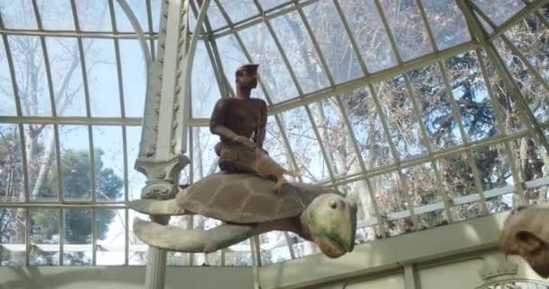 マドリードの有名な レティーロ 公園の博物館の中で亀に乗っている男の像のクローズアップ — ストック動画