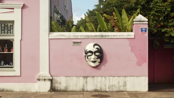 Różowa Stara Ściana Pojedynczą Maską Karnawałową Tropikalnymi Liśćmi Wiejącymi Wietrze — Wideo stockowe