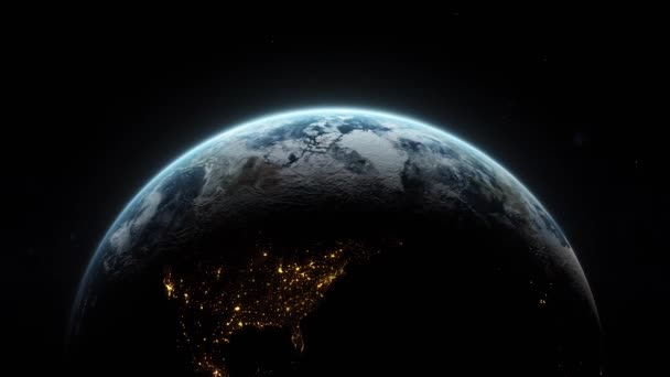 Şehir Işıkları Yıldızların Arkaplanı Ile Dünya Gezegeni Uzayda Dönüyor — Stok video
