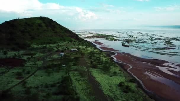 Costa Escénica Del Lago Natrón Tanzania Disparo Aéreo Drones — Vídeos de Stock