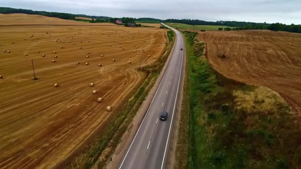 新鮮なカットされた干し草の俵で農場のフィールドを介して道路を運転車 航空ビュー — ストック動画