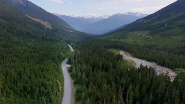 穿越加拿大不列颠哥伦比亚省达菲湖路穿过森林和沿海山脉的汽车的空中飞行 — 图库视频影像