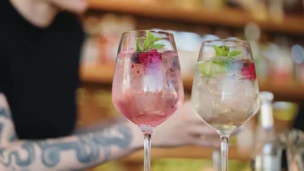 Bebidas Refrescantes São Servidas Bar Barman Uma Mão Está Levando — Vídeo de Stock