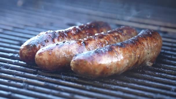 Grigliare Bratwurst Sul Barbecue Cortile Sopra Carboni Ardenti Isolato Vicino — Video Stock