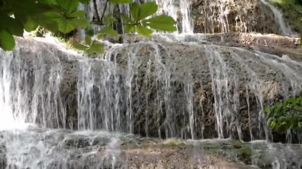 Şelale Güneş Işığı Altında Nasırlı Kaya Basamaklarında Yükseliyor Ağaç Yaprakları — Stok video