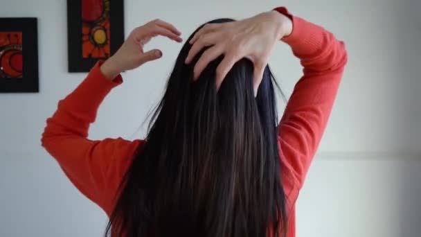 指で彼女の長い黒い髪をブラッシング大人の女性のリアビュー スローモ — ストック動画