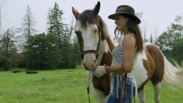 Magabiztos Fiatal Cowgirl Kötődik Felnőtt Hím Pinto Lovához Közepes Lövés — Stock videók