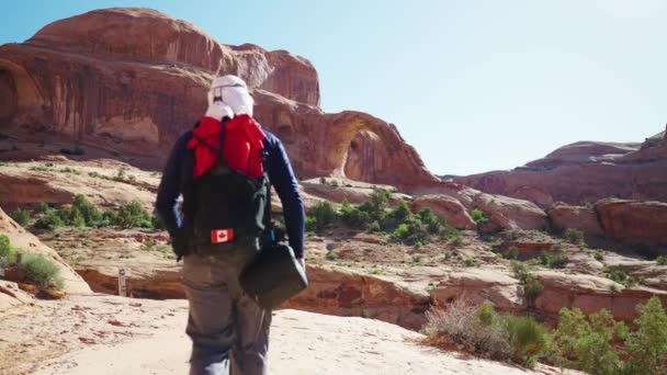 Vandrare Går Mot Corona Arch Moab Usa — Stockvideo