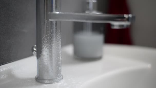 Chrome Bathroom Sink Faucet Gets Sprayed Cleaner Static Close Footage — Stock Video