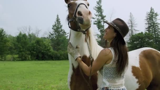 訓練を受けた若いカウガールは 馬の明白な楽しさで笑って 彼女のピント馬の首をこすります ミディアムショット 後ろに引く — ストック動画