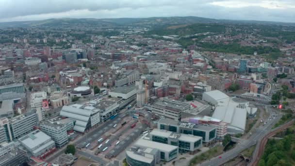 Mise Place Révélation Drone Tir Central Sheffield Ville Royaume Uni — Video