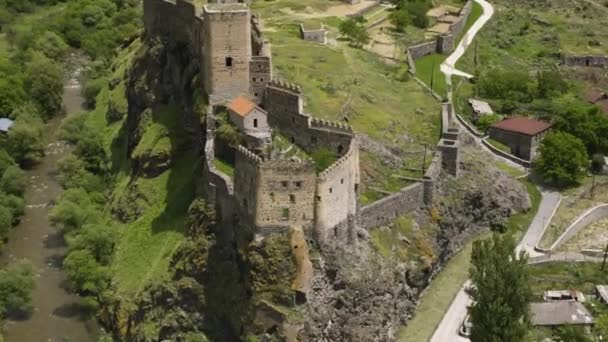 Flying Historical Georgian Monument Khertvisi Fortress Gemeente Aspindza Zuid Georgië — Stockvideo