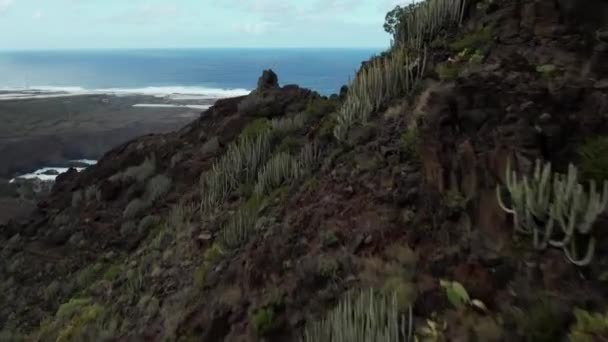 低无人机沿着山脊飞行 揭示了大西洋的膨胀 被无人机捕获在4K 48Fps 慢动作 加那利岛Tenerife冲浪点的空中景观 — 图库视频影像