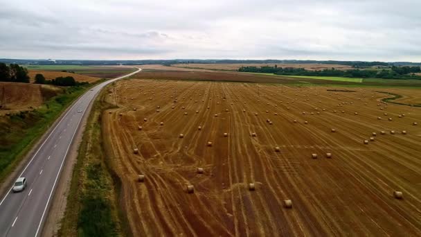カントリーロード近くのバラッド干し草のロールを持つ農地 航空機のフライオーバー — ストック動画