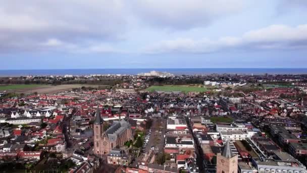 Drone Footage Dutch City Noordwijk Frame Oude Jeroenskerk Church Hotel — Stock Video